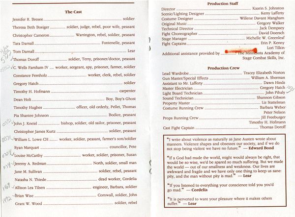 A theater program list showing "The Cast" on the left, detailing roles like soldiers and various names, and "Production Staff" on the right, with roles such as Director and Technical Director. A handwritten note about Jane Austen is visible at the bottom.