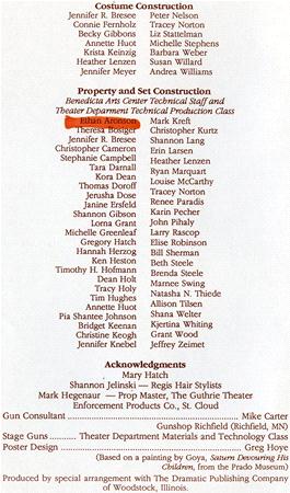A printed list titled "Property and Set Construction" showing the names of several people involved, including theater production techs. The background is paper-colored with red and black text. Additional sections include "Course Construction" and "Acknowledgments.