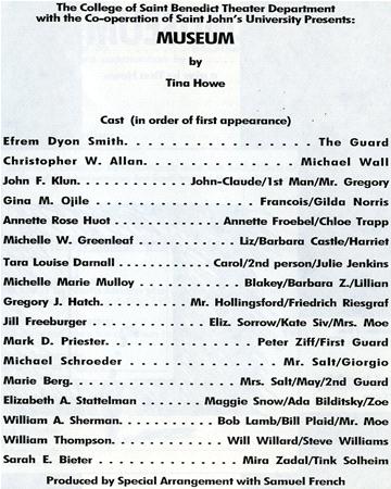 Playbill for "Museum" by Tina Howe, presented by The College of Saint Benedict Theater Department. Cast list includes names like Efrem Dyon Smith, Annette Rose Hout, and Michael Schroder, among others, in order of first appearance.