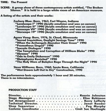 Text listing artists and their works for a show titled "The Broken Silence" at a white room in an American museum. Includes names, birthplaces, and artwork titles from 1976 to 1990. Production staff names are at the bottom.