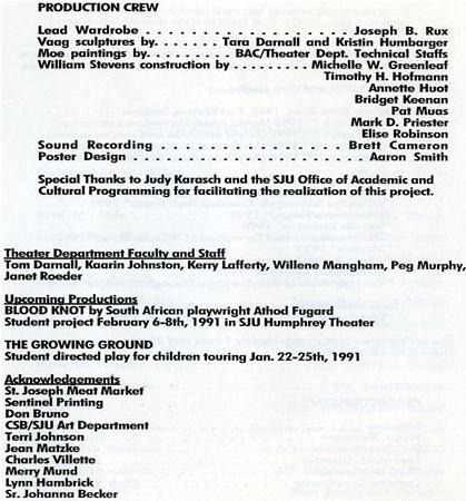 Text listing various titles and names related to a theater production. Includes sections for production crew, acknowledgements, and contributors for the events "Blood Knot" and "The Growing Ground" with names and roles provided for each section.