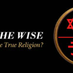 Text on a black background reads "Nathan the Wise" and "What is the True Religion?" in gold. Next to the text is a circular image divided into quadrants featuring symbols of Judaism, Christianity, Eastern Orthodoxy, and Islam in red.