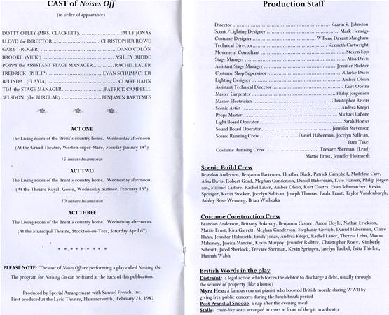 A theater program page listing the cast of "Noises Off" and the production staff. It details the cast, scenic and costume construction crews, and staff roles. Text-based with no images or graphics.