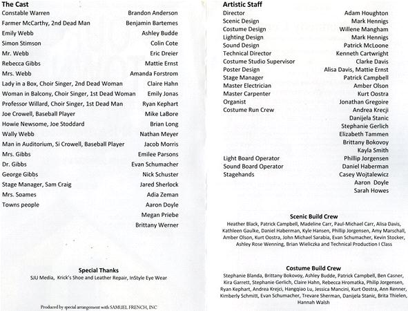 A program list showing "The Cast" and "Artistic Staff," including roles such as Constable Warren and Mrs. Gibbs. It also details the Scenic Build Crew and Costume Build Crew. Special thanks are noted at the bottom.
