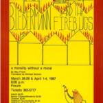 Vintage theater poster for "The Firebugs" by Max Frisch, March 26, 29 & April 1-4, 1987, at The Forum. Red background with stylized yellow houses and a devilish figure at the bottom. Tickets and pricing details included.