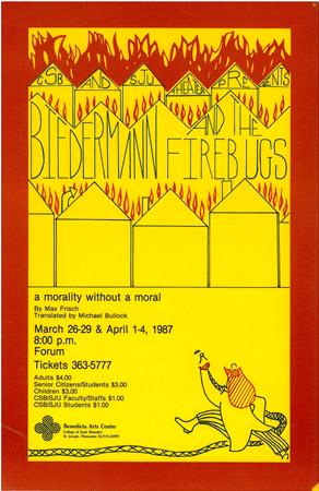 Vintage theater poster for "The Firebugs" by Max Frisch, March 26, 29 & April 1-4, 1987, at The Forum. Red background with stylized yellow houses and a devilish figure at the bottom. Tickets and pricing details included.