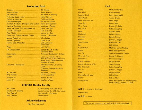 Yellow theater program featuring a production of "A Good Person of Szechwan." Lists Production Staff, Cast, Acknowledgments, and theater faculty in black text. Cast includes various characters with corresponding actors. Act I and Act II are distinct sections.