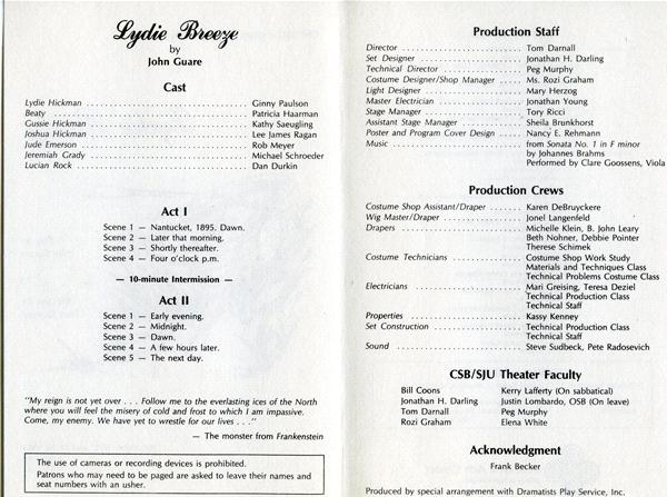 A theater program page featuring the cast and crew list for "Lydie Breeze" by John Guare. It includes roles, production staff, and theater faculty, along with quotes and acknowledgments.