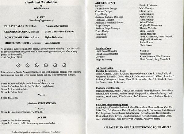 A theater program for "Death and the Maiden" by Ariel Dorfman. It lists the cast, artistic staff, running crew, and production teams. The play has three acts with a 10-minute intermission. A note requests no electronic devices during the performance.