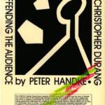 Poster titled "The Actor's Nightmare by Christopher Durang" and "Offending the Audience by Peter Handke." Shows abstract black shapes on a yellow background. Details include performance dates, time, location, and contact information at the bottom.