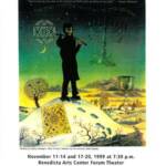 The poster for "Fiddler on the Roof" features a man playing a violin on a roof. Below him, an abstract tree and village scene are illustrated. Text includes show details and dates, with a Star of David and menorah in the background.