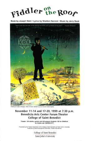 The poster for "Fiddler on the Roof" features a man playing a violin on a roof. Below him, an abstract tree and village scene are illustrated. Text includes show details and dates, with a Star of David and menorah in the background.