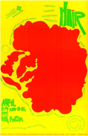Bright yellow poster with a red silhouette design and green text promoting the CSSC-SFSU Theater Department's presentation of "Hair" on April 14, 18-21, 1971, at the SFA Forum. Psychedelic font and style.