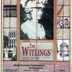 Poster for "The Witlings," a play by Frances Burney, featuring a sketch of a historical figure in elaborate clothing. Details include performance dates (April 11-27), showtimes, venue (College of Saint Benedict), and ticket info.