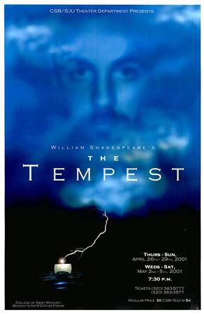 Poster for "The Tempest" by William Shakespeare. A mysterious blue face hovers in clouds above a stormy sea with a lit candle at the bottom. Text includes performance dates: April 26-May 5, 2001, and ticket information.