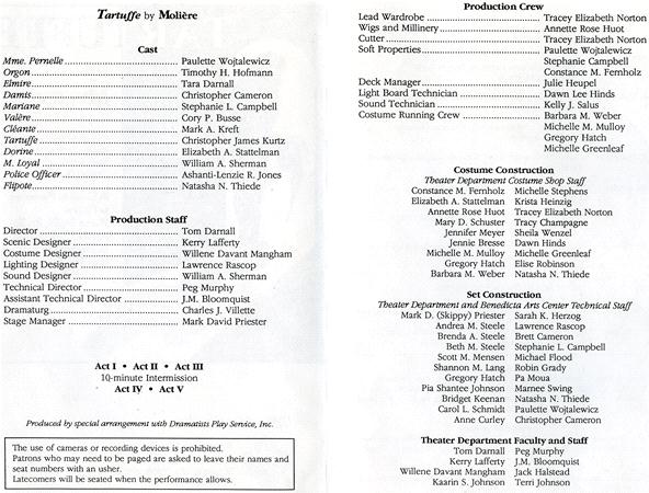 A playbill for "Tartuffe" by Molière lists the cast, including roles like Mme. Pernelle and Tartuffe, production staff, including the director and designers, and the production crew, detailing roles like wardrobe and set construction.
