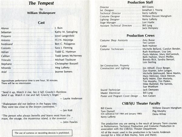 Program for "The Tempest" by Shakespeare. Lists cast including characters like Alonso, Sebastian, Prospero, etc. Includes production staff, production crews, and theater faculty details. Quotes and a note about scene transitions are also visible.