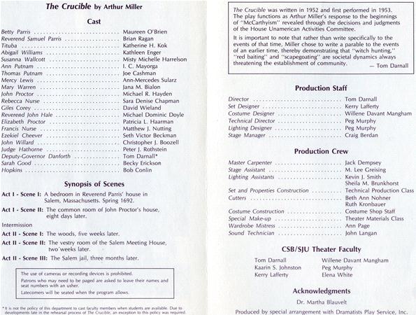 Image of a theater program for "The Crucible" by Arthur Miller. It includes a cast list, synopsis of scenes, production crew, production staff, CSB/SJU theater faculty, and acknowledgments. The program details the structure of the play and its scenes.