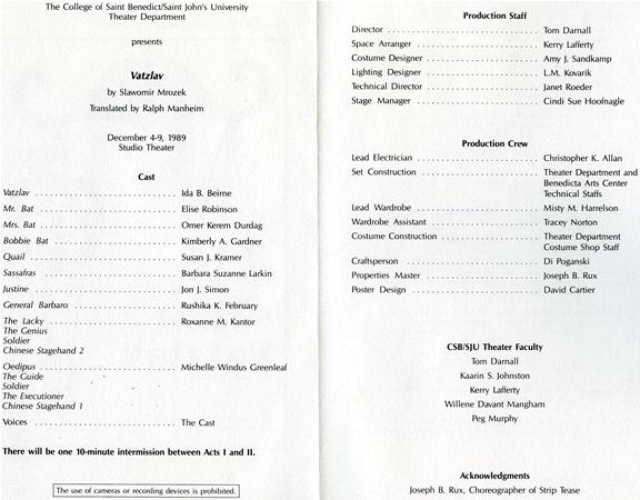 A theater program listing cast and crew for "Vatzlav" by Slawomir Mrozek, performed at The College of Saint Benedict/Saint John's University in December 1989. Includes roles, production staff, and acknowledgments.