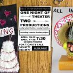 A collage of theater posters and a pineapple arrangement. Left shows "The Wedding" by Anton Chekhov with a cake and hearts. Center has text details for a theater show including dates and contact info. Right shows "All in the Timing" with a pineapple face.