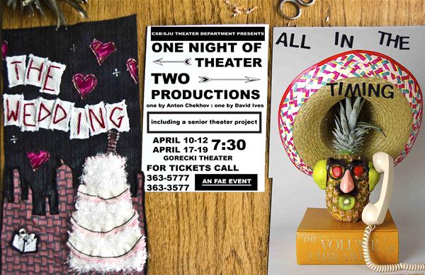 A collage of theater posters and a pineapple arrangement. Left shows "The Wedding" by Anton Chekhov with a cake and hearts. Center has text details for a theater show including dates and contact info. Right shows "All in the Timing" with a pineapple face.
