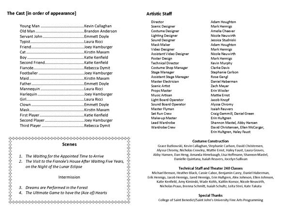 A theater program displaying the cast in order of appearance, artistic staff, and production staff. It includes three scenes titled "The Waiting for the Appointed Time to Arrive," "The Visit of the Fianceé's House After Writing Five Years," and "Dreams are Preferred in the Attic.