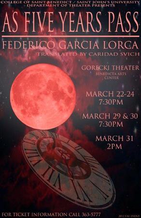 Poster for the theater play "As Five Years Pass" by Federico García Lorca, translated by Caridad Svich. It features a large red moon and a clock face. Performance dates: March 22-24, 29-30 at 7:30 PM, March 31 at 2 PM at Gorecki Theater.