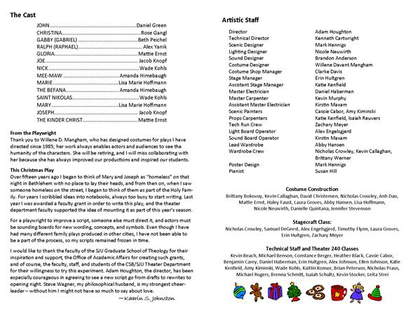 A theater program page listing the cast and artistic staff for a play. The play includes characters like John, Christina, and Gabriel. Sections for "Artistic Staff" and "Costume Construction" are present, with decorative icons below.