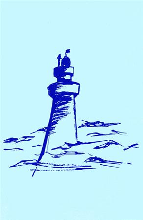 A blue sketch of a lighthouse stands amidst stylized waves on a light blue background. The lighthouse features a simple tower with a small structure on top, suggesting a beacon, surrounded by abstract wave patterns.