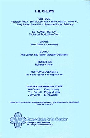 Blue playbill page listing crew members for a theater production, including roles in costume, set construction, lights, sound, and properties. It features acknowledgements and names of the theater department staff at Benedicta Arts Center.