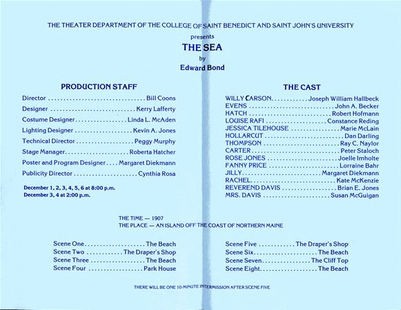 Blue theater program for "The Sea" by Edward Bond, presented by The College of Saint Benedict and Saint John’s University. Lists production staff and cast with performance dates, scenes, and a note about a 10-minute intermission after Scene Five.