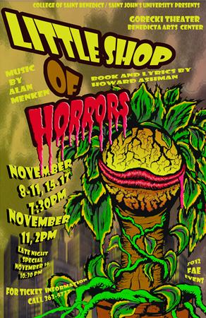 Colorful poster for "Little Shop of Horrors" featuring a monstrous plant. Text includes show dates: November 8-11 and 15-17 at 7:30 PM, November 11 at 2 PM, with a special on November 10. Details for tickets are at the bottom.