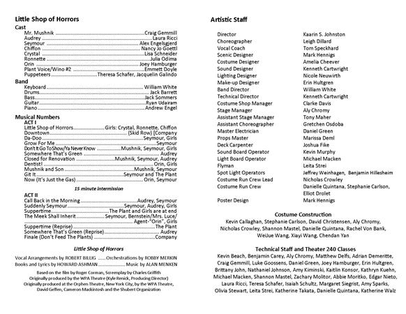 Image of a theater program for "Little Shop of Horrors." It lists cast members, band, musical numbers, artistic staff, costume coordinators, and technical staff. The program design is in black text on a white background.