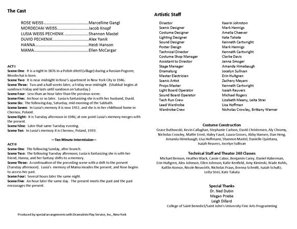 A theater program featuring cast names and roles for a play set in 1906. It lists roles such as Rose Weiss, Mordechai Weiss, and others, along with details on artistic staff, costume construction, and technical crew.