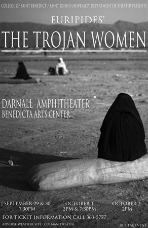 Black and white poster for "The Trojan Women" by Euripides, showing a figure in black, seated on a large rock in a barren landscape. Event details include dates, times, location at Darnall Amphitheater, and contact information for tickets.