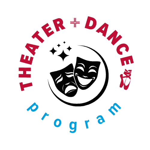 Logo with comedy and tragedy masks, sparkles, a ballet shoe, “THEATER DANCE” in red curved text, and “program” in blue curved text on a white background.