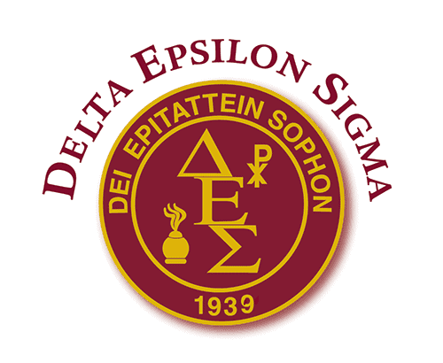 Delta Epsilon Sigma logo featuring a maroon circular emblem with gold trim. Inside the circle are Greek letters ΔΕΣ, a lit torch, and other symbols. Greek text "DEI EPITATTEIN SOPHON" encircles the emblem with "Delta Epsilon Sigma" in maroon above, and "1939" below.