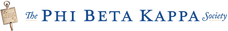 Logo of The Phi Beta Kappa Society. The text includes a key symbol with Greek letters engraved and the words "The Phi Beta Kappa Society" in blue font. The background is a solid blue color.