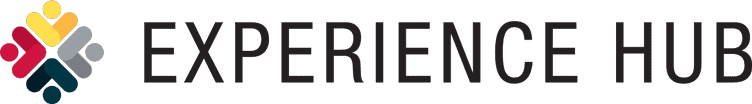 The image features the logo of "Experience Hub." It includes a stylized icon resembling a human figure with interlocking yellow, red, gray, and dark blue segments to the left of the bold black text reading "EXPERIENCE HUB.