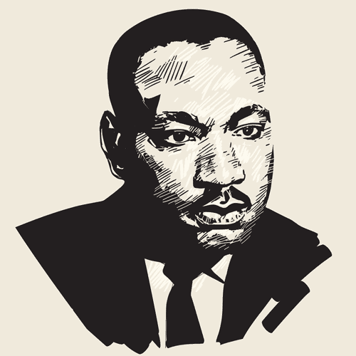 A black and white sketch of a man in a suit and tie, gazing to the side with a thoughtful expression. The image highlights his facial features with bold, contrasting lines on a plain, light background.