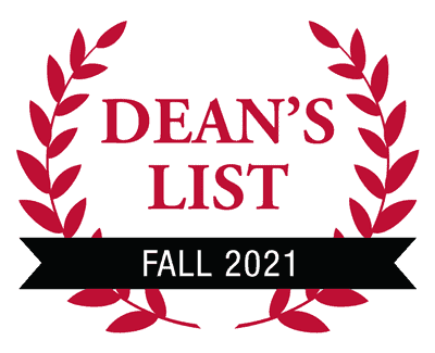 A circular laurel wreath with red leaves surrounds the text "Dean's List" in bold red letters. Below, a black banner with white text reads "Fall 2021.