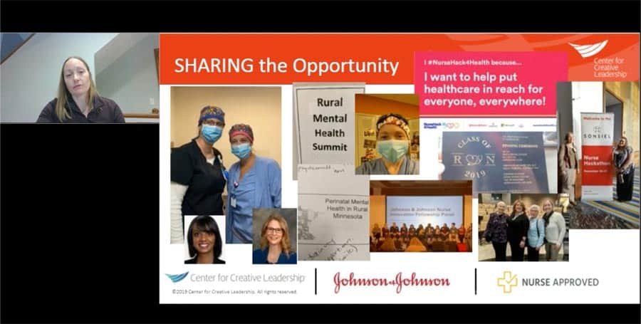 A woman is in a virtual meeting with a presentation slide. The slide is titled "SHARING the Opportunity" and features various images and logos, including healthcare professionals, certificates, a heart-shaped sign, and logos for Johnson & Johnson and Center for Creative Leadership.