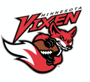 Logo of the Minnesota Vixen, featuring a stylized red fox holding an American football, with the word "Vixen" in bold red and black letters above it. The fox has a determined expression, and the team's name is written in small capital letters above "Vixen.