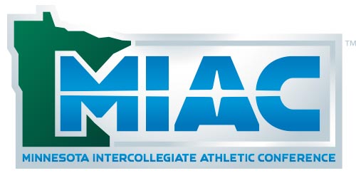 Logo of the Minnesota Intercollegiate Athletic Conference (MIAC), featuring the letters "MIAC" in large, bold blue font. The "M" is stylized with a green shape reminiscent of Minnesota's outline. Below, "Minnesota Intercollegiate Athletic Conference" is written in green.
