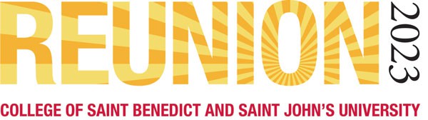 Text reading "REUNION 2023" in large, bold letters with a sunburst pattern in the background. Below, smaller text reads "College of Saint Benedict and Saint John's University" in red and black.