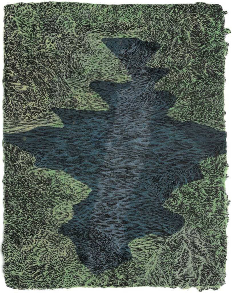 A detailed illustration of a serene lake surrounded by dense, intricately drawn forest. The water appears to ripple gently, reflecting the dark green foliage. The artwork is rich in texture, with an almost tapestry-like quality, evoking a sense of calm and solitude.