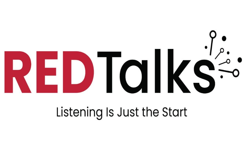 Logo for "REDTalks" with the tagline "Listening Is Just the Start". The word "RED" is in bold red font, and "Talks" in black font. The logo incorporates several abstract icons resembling nodes and connections emanating from the letter "k".