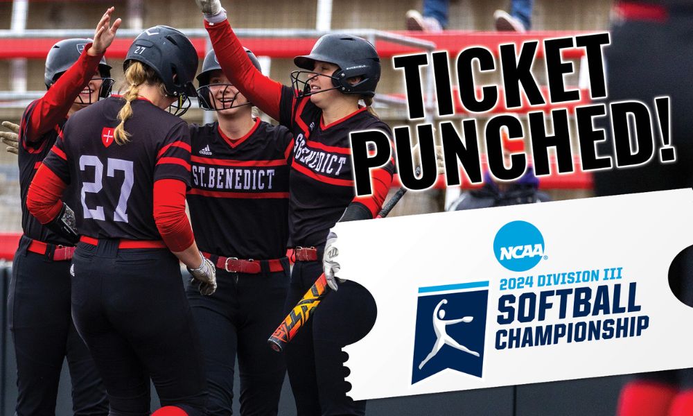 A women's softball team celebrates with high-fives and helmets held high under a bold "TICKET PUNCHED!" banner. An image of a ticket with "NCAA 2024 Division III Softball Championship" is prominently displayed.