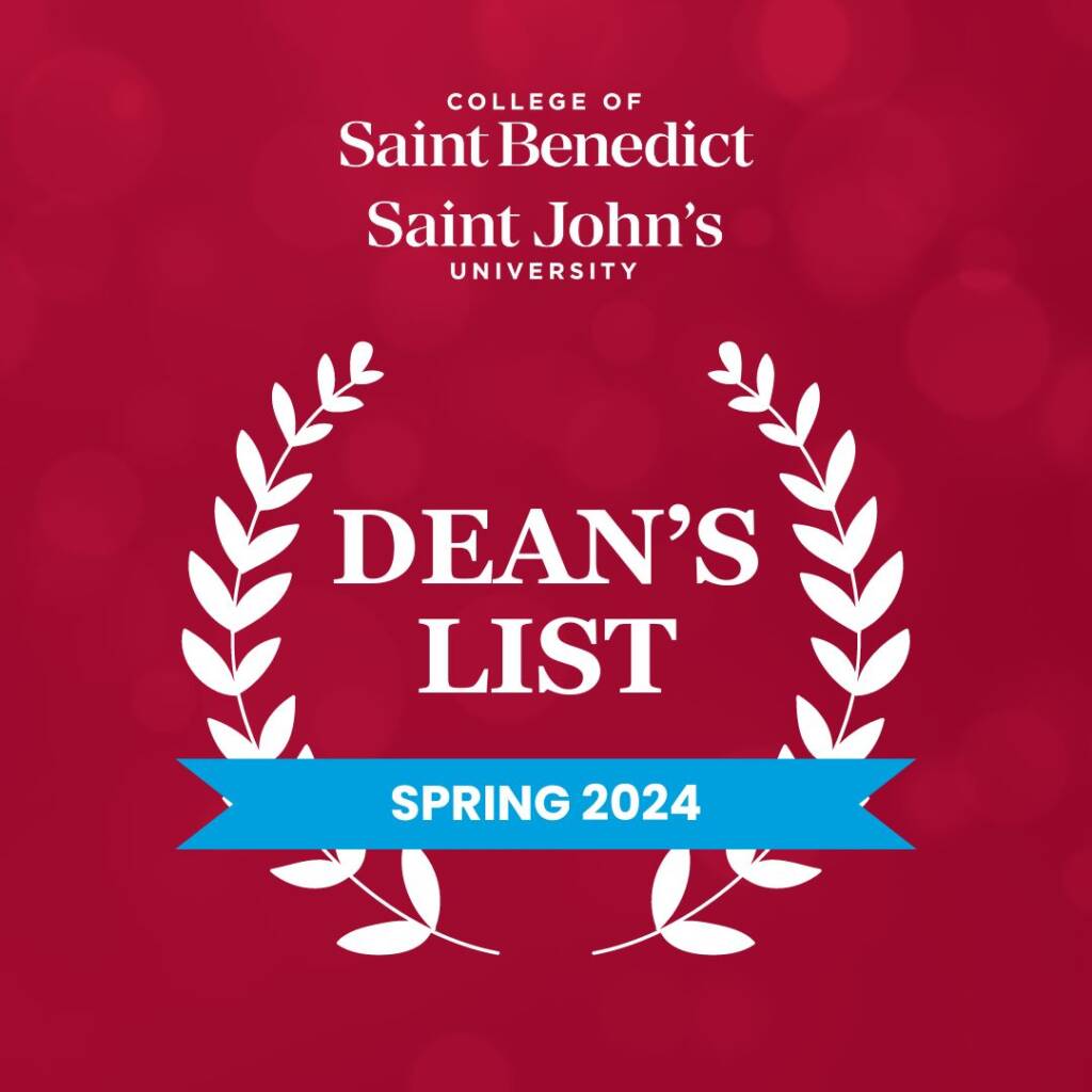 A red background features the logos of the College of Saint Benedict and Saint John’s University at the top. Below them, white text reads “Dean’s List” framed by white laurel branches. A blue banner underneath says “Spring 2024.”.