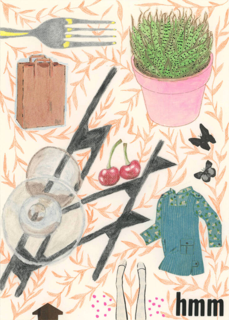 A collage featuring a cactus in a pink pot, a blue dress, cherries, a fork, CDs, butterfly, legs, a clipboard, and abstract shapes all on a leaf-patterned background with "hmm" written at the bottom.